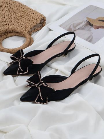 Rhinestone & Bow Decor Point Toe Kitten Heeled Slingback Pumps