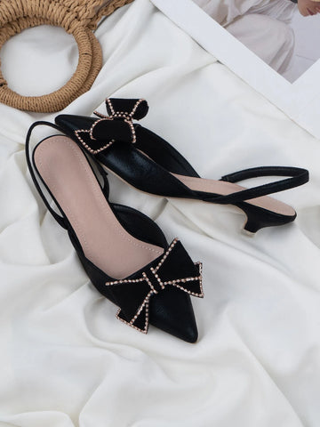 Rhinestone & Bow Decor Point Toe Kitten Heeled Slingback Pumps