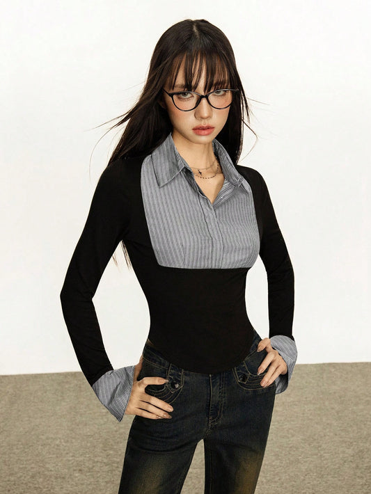Rina Fox Striped Print Flounce Sleeve Shirt