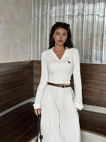 Women's Casual Colorblock Lapel Long Sleeve Top