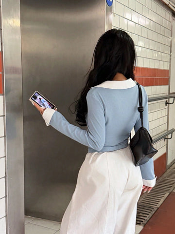 Women's Casual Colorblock Lapel Long Sleeve Top