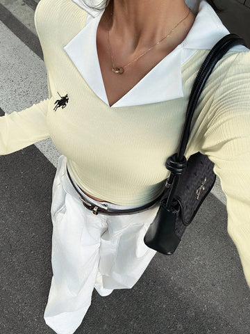 Women's Casual Colorblock Lapel Long Sleeve Top