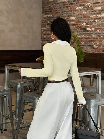 Women's Casual Colorblock Lapel Long Sleeve Top