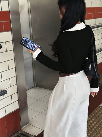 Casual Colorblock Lapel Long Sleeve Top