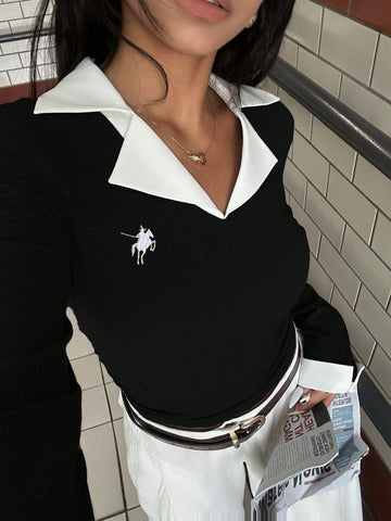 Women's Casual Colorblock Lapel Long Sleeve Top