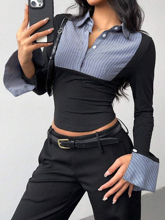 Rina Fox Striped Print Flounce Sleeve Shirt