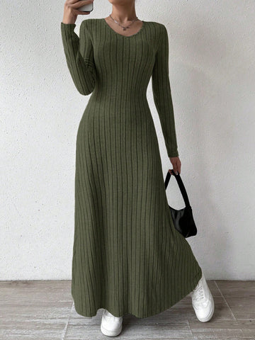 Solid Color V-Neck Knit Fleece Long Sleeve A-Line Dress