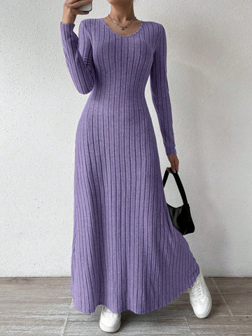 Solid Color V-Neck Knit Fleece Long Sleeve A-Line Dress