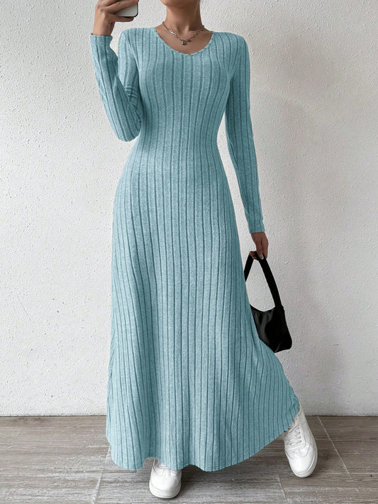 Solid Color V-Neck Knit Fleece Long Sleeve A-Line Dress