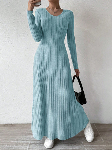 Solid Color V-Neck Knit Fleece Long Sleeve A-Line Dress