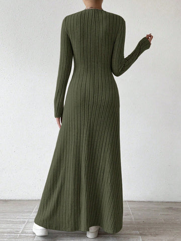 Solid Color V-Neck Knit Fleece Long Sleeve A-Line Dress