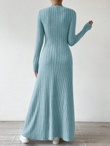 Solid Color V-Neck Knit Fleece Long Sleeve A-Line Dress