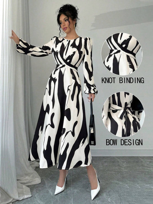 Women's Asymmetrical Printed Tie Bow Accent Elastic Cuff Casual Vacation Dress