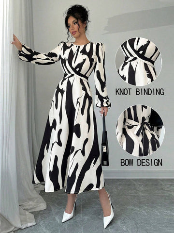 Women's Asymmetrical Printed Tie Bow Accent Elastic Cuff Casual Vacation Dress