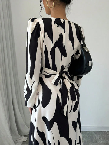 Women's Asymmetrical Printed Tie Bow Accent Elastic Cuff Casual Vacation Dress