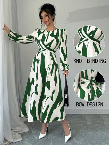 Women's Asymmetrical Printed Tie Bow Accent Elastic Cuff Casual Vacation Dress