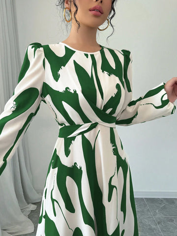 Women's Asymmetrical Printed Tie Bow Accent Elastic Cuff Casual Vacation Dress