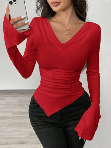 RosyDaze Asymmetric Hem Asymmetrical Neck Knit T-Shirt