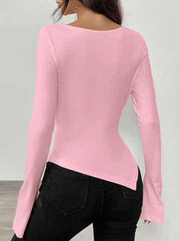 RosyDaze Asymmetric Hem Asymmetrical Neck Knit T-Shirt