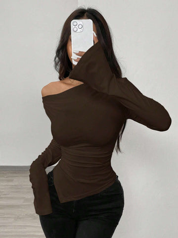 RosyDaze Asymmetric Hem Asymmetrical Neck Knit T-Shirt