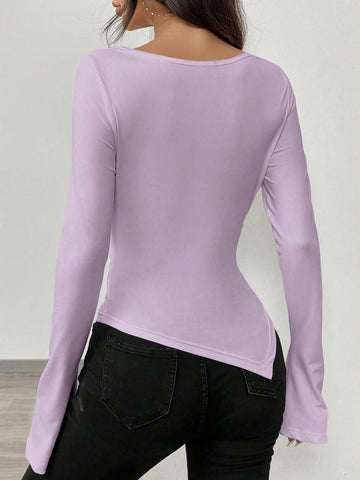 RosyDaze Asymmetric Hem Asymmetrical Neck Knit T-Shirt