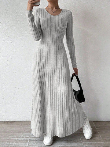 Solid Color V-Neck Knit Fleece Long Sleeve A-Line Dress