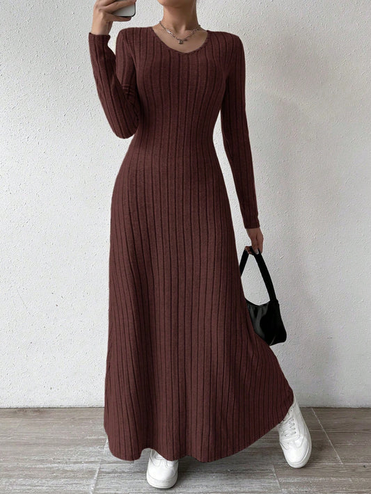 Solid Color V-Neck Knit Fleece Long Sleeve A-Line Dress