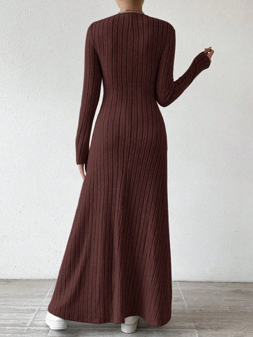 Solid Color V-Neck Knit Fleece Long Sleeve A-Line Dress