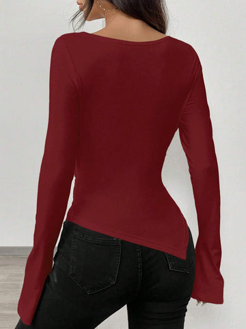 RosyDaze Asymmetric Hem Asymmetrical Neck Knit T-Shirt