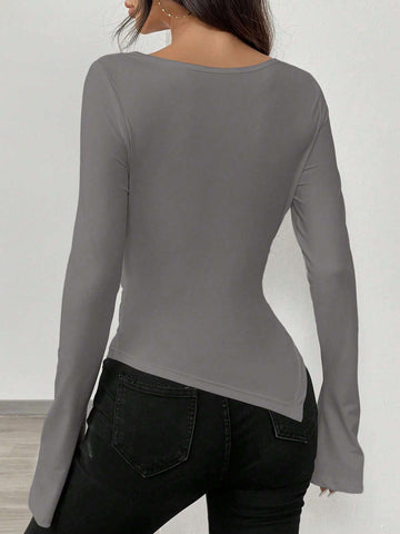 RosyDaze Asymmetric Hem Asymmetrical Neck Knit T-Shirt