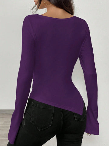 RosyDaze Asymmetric Hem Asymmetrical Neck Knit T-Shirt