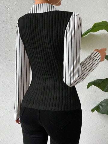 Women's Faux Two-Piece Collared Long Sleeve Fitted Blouse