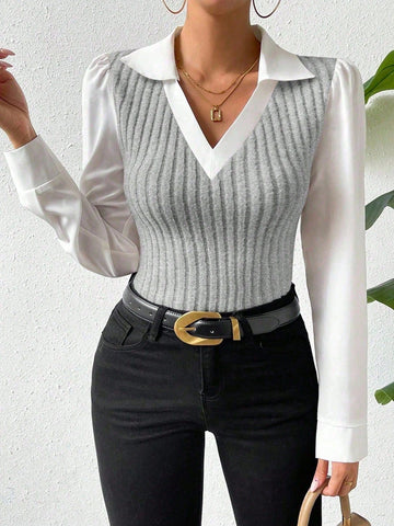 Women's Faux Two-Piece Collared Long Sleeve Fitted Blouse