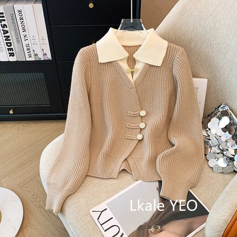 Splicing Slim Women Knitted Cardigan Sweater Jacket Fashion Fake Two Items Loose Ladies Top