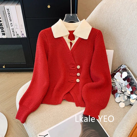 Splicing Slim Women Knitted Cardigan Sweater Jacket Fashion Fake Two Items Loose Ladies Top