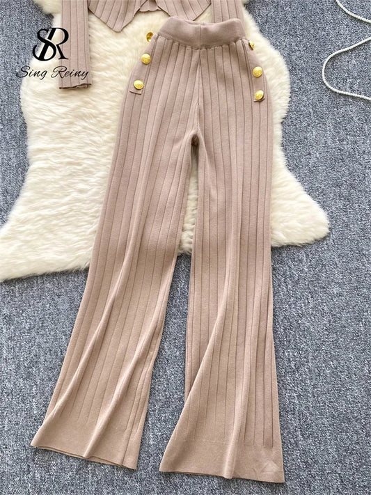 Fashion OL Winter Suits Women Long Sleeves Chic Buttons Pullovers+Elastic Long Pants