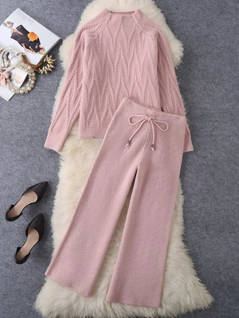 Korean Fashion O Neck Knitted Sweater Top Casual Loose Lace Up Wide Leg Pant Sets