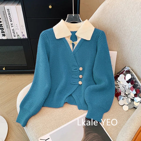 Splicing Slim Women Knitted Cardigan Sweater Jacket Fashion Fake Two Items Loose Ladies Top