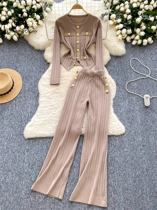 Fashion OL Winter Suits Women Long Sleeves Chic Buttons Pullovers+Elastic Long Pants