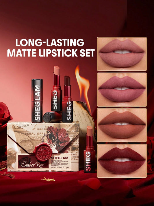 SHEGLAM Dynamatte Boom Long-Lasting Matte Lipstick (Ember Rose Set) 4 Pcs/Set
