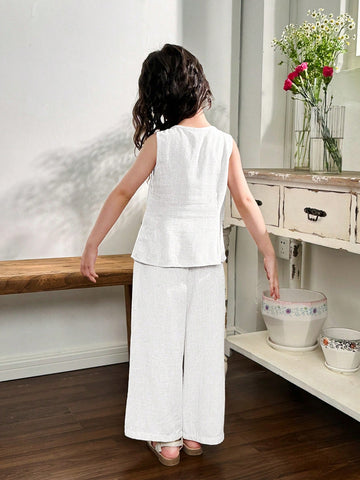 Young Girl Woven Solid Color Square Neck Sleeveless Top & Wide Leg Pants