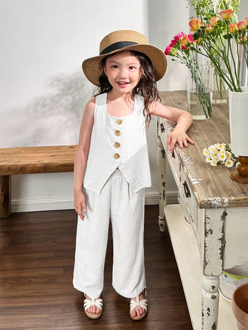 Young Girl Woven Solid Color Square Neck Sleeveless Top & Wide Leg Pants