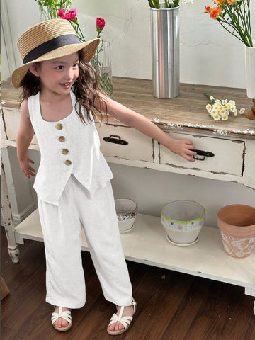 Young Girl Woven Solid Color Square Neck Sleeveless Top & Wide Leg Pants