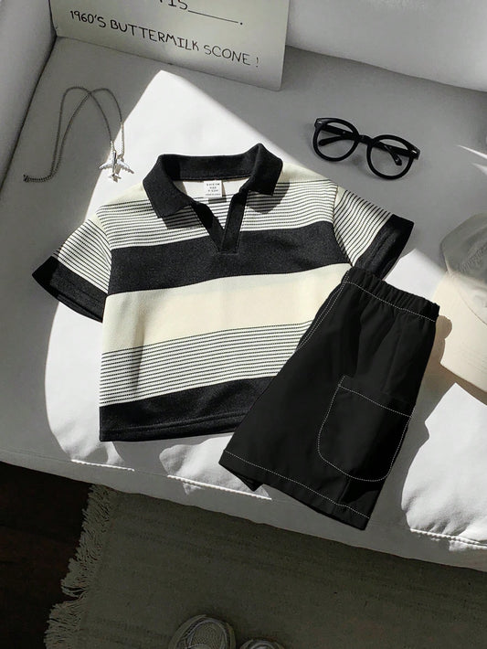 2pcs Baby Boy Casual Striped Polo Shirt And White Shorts Set