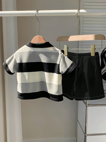 2pcs Baby Boy Casual Striped Polo Shirt And White Shorts Set
