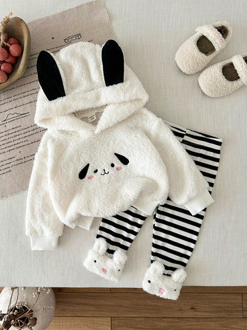 Baby Girls Cartoon Animal Dog Embroidered Hooded Fluffy Sweatshirt & Pants