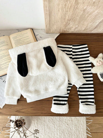 Baby Girls Cartoon Animal Dog Embroidered Hooded Fluffy Sweatshirt & Pants