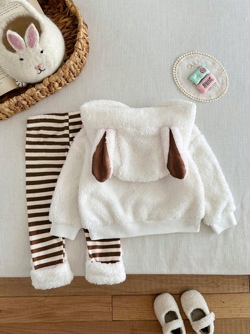 Baby Girls Cartoon Animal Dog Embroidered Hooded Fluffy Sweatshirt & Pants