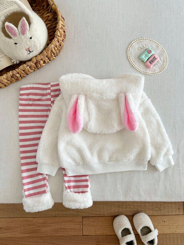 Baby Girls Cartoon Animal Dog Embroidered Hooded Fluffy Sweatshirt & Pants