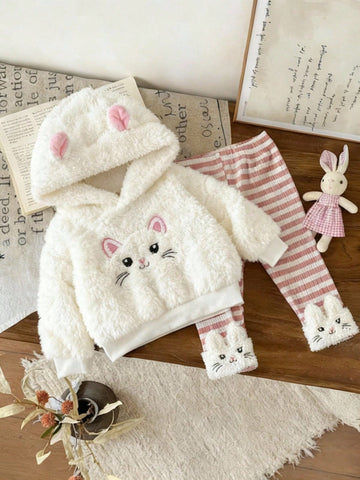 Baby Girls Cartoon Animal Dog Embroidered Hooded Fluffy Sweatshirt & Pants